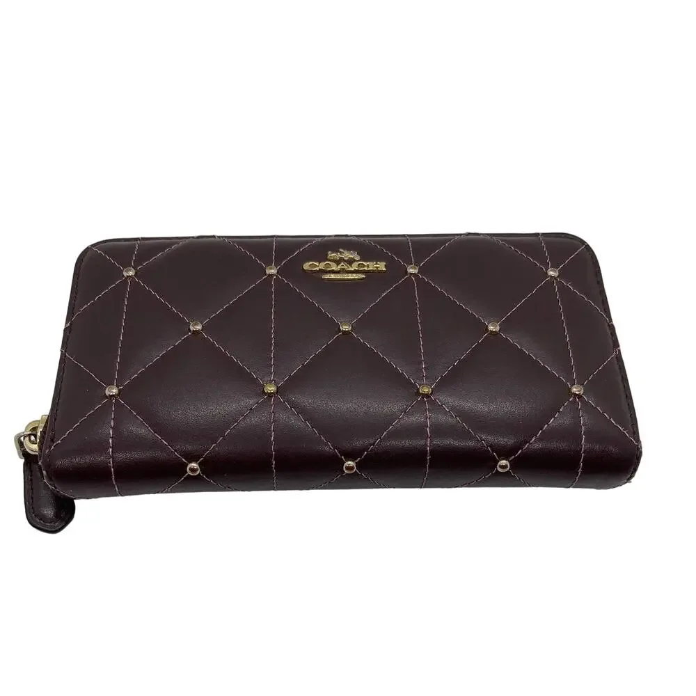 Coach Accordion Zip Wallet Quilted Design Brown Gold Zipper Studs Credit Cards